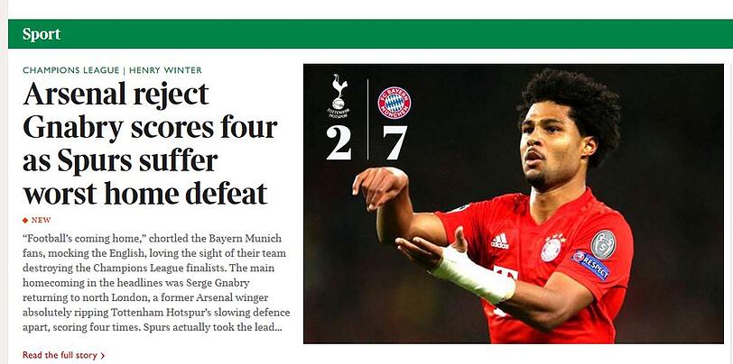 Die "Sunday Times" schreibt: "Der von Arsenal abgewiesen Gnabry trifft vier Mal bei Tottenhams schlimmster Heimniederlage".