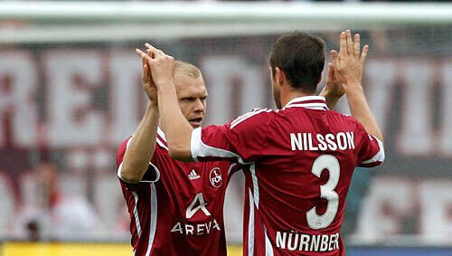Die Nürnberger Andreas Wolf (l.) und Peer Nilsson beim Torjubel Die Nürnberger Andreas Wolf (l.) und Peer Nilsson beim Torjubel