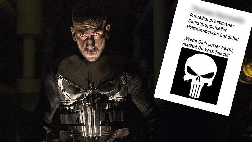 Kompromisslos, brutal und auf der Suche nach Rache: Jon Bernthal als Punisher in der gleichnamigen Netflix-Serie. Mit dieser Signatur (Screenshot) verschickte der Beamte eine Polizeimeldung. Der Totenkopf ist das Logo des Punishers.