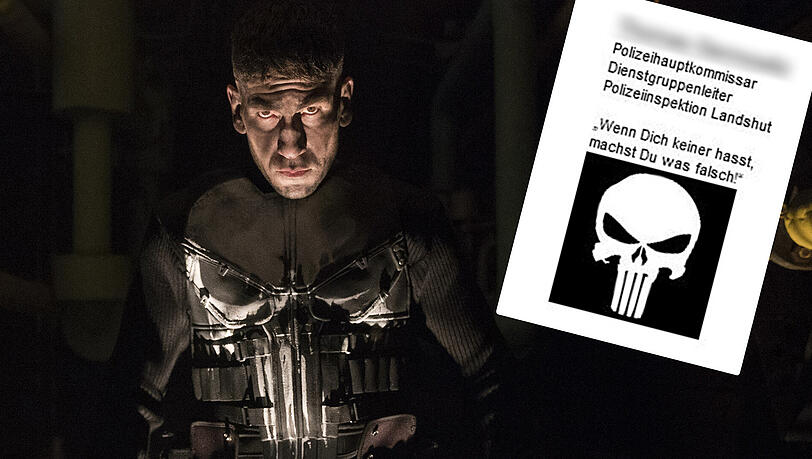 Kompromisslos, brutal und auf der Suche nach Rache: Jon Bernthal als Punisher in der gleichnamigen Netflix-Serie. Mit dieser Signatur (Screenshot) verschickte der Beamte eine Polizeimeldung. Der Totenkopf ist das Logo des Punishers. Kompromisslos, brutal und auf der Suche nach Rache: Jon Bernthal als Punisher in der gleichnamigen Netflix-Serie. Mit dieser Signatur (Screenshot) verschickte der Beamte eine Polizeimeldung. Der Totenkopf ist das Logo des Punishers.