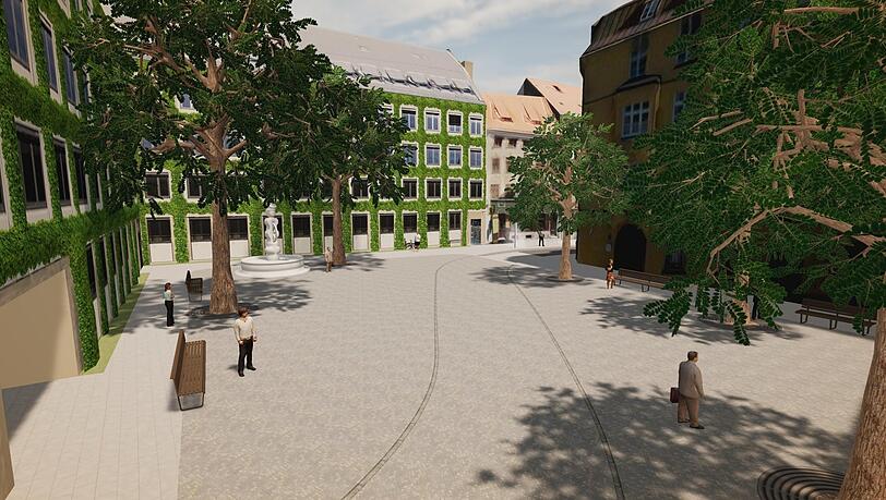So könnte der Hackenplatz aussehen. Rechts ist das Geschäft "Radspieler". Links sollen die Fassaden begrünt werden. Parkplätze kommen weg.
