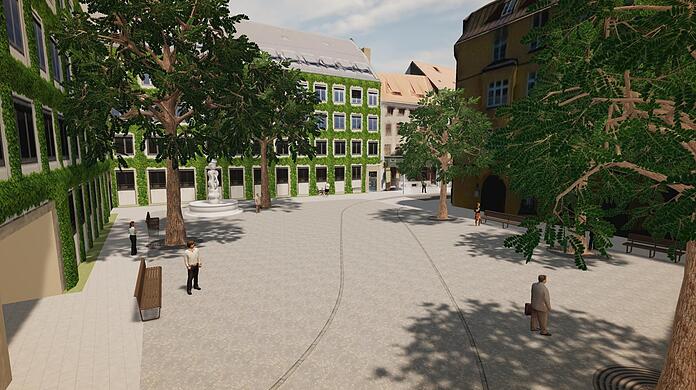 So könnte der Hackenplatz aussehen. Rechts ist das Geschäft "Radspieler". Links sollen die Fassaden begrünt werden. Parkplätze kommen weg.