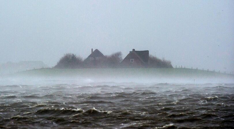 Häuser während "landunter" auf der nordfriesischen Hallig Langeneß (Schleswig-Holstein)