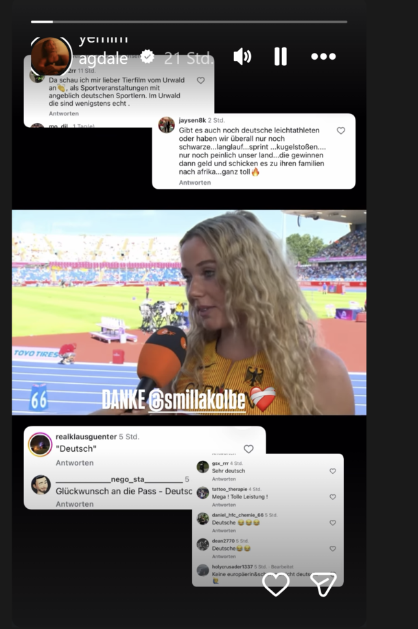 Yemisi Magdalena Mabry teilt das Interview von Smilla Kolbe mit entsprechenden rassistischen Kommentaren in ihrer Instagram-Story.