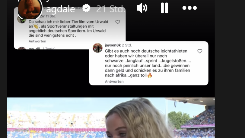 Yemisi Magdalena Mabry teilt das Interview von Smilla Kolbe mit entsprechenden rassistischen Kommentaren in ihrer Instagram-Story.