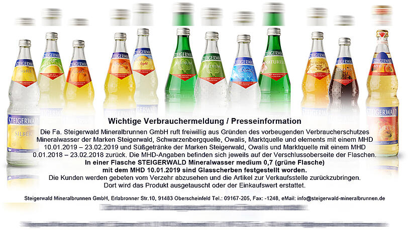 Der Getränkehersteller Steigerwald Mineralbrunnen ruft alle Produkte zurück! Der Getränkehersteller Steigerwald Mineralbrunnen ruft alle Produkte zurück!