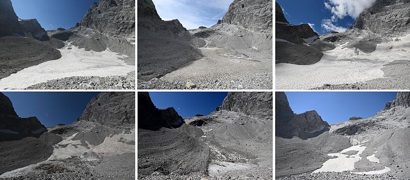 Die Bildreihe zeigt den massiven Verlust des Watzmanngletschers seit 2021 . Die Bildreihe zeigt den massiven Verlust des Watzmanngletschers seit 2021 .