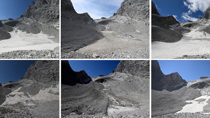 Die Bildreihe zeigt den massiven Verlust des Watzmanngletschers seit 2021 .