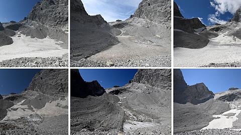 Die Bildreihe zeigt den massiven Verlust des Watzmanngletschers seit 2021 .