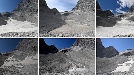 Die Bildreihe zeigt den massiven Verlust des Watzmanngletschers seit 2021 .