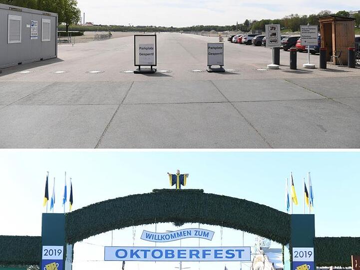 Ein menschenleerer und ein voller Eingang zum Oktoberfest sind auf beiden Bildern zu sehen. Foto: Felix Hörhager/dpa/Archivbild