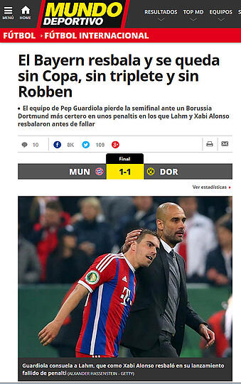 Mundo Deportivo (Spanien): "Bayern rutscht aus und verliert das Triple und Robben"