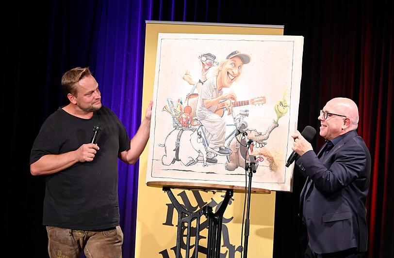 Bernhard Prinz, Jürgen Kirner zusammen mit einer Karikatur von Comedy-Legende Otto Walkes
