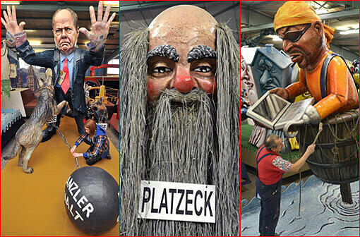 Der Mainzer Carneval-Verein (MCV) präsentierte im Vorfeld des 112. Mainzer Rosenmontagszugs am Dienstag seine 15 rollenden Karikaturen für den Rosenmontagszug. Sehen Sie hier die Wagen der Mainzer!