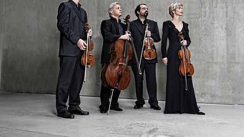 Lukas Hagen, Rainer Schmidt, Veronika Hagen und Clemens Hagen im Treppenhaus des Salzburger Museums der Moderne.