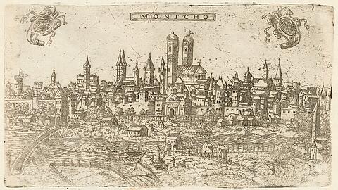 Monicho: So wehrhaft war die Stadt München &ndash; Frauenkirche (Mitte) und Alter Peter (etwas links davon) sind deutlich zu erkennen.