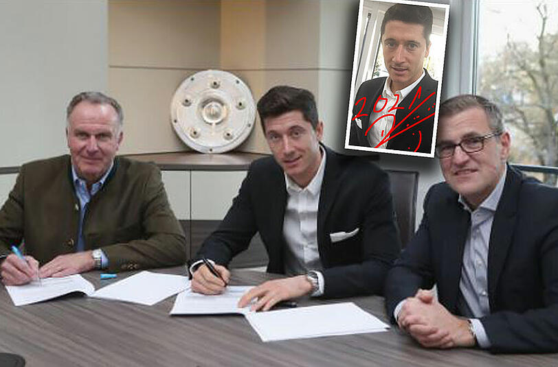 Fröhliche Gesichter und Erleichterung: Robert Lewandowski (m.) hat seinen Vertrag beim FC Bayern München bis 2021 verlängert.