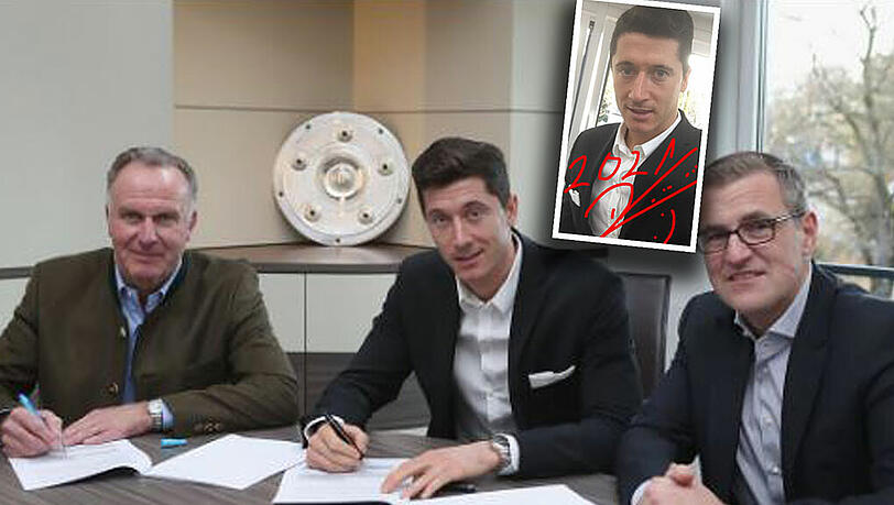 Fröhliche Gesichter und Erleichterung: Robert Lewandowski (m.) hat seinen Vertrag beim FC Bayern München bis 2021 verlängert. Fröhliche Gesichter und Erleichterung: Robert Lewandowski (m.) hat seinen Vertrag beim FC Bayern München bis 2021 verlängert.