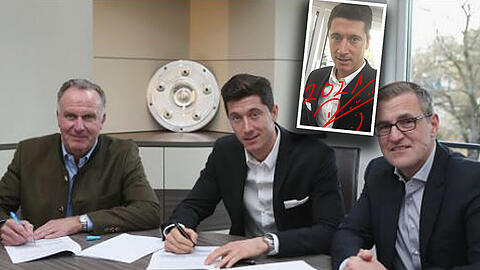 Fröhliche Gesichter und Erleichterung: Robert Lewandowski (m.) hat seinen Vertrag beim FC Bayern München bis 2021 verlängert.