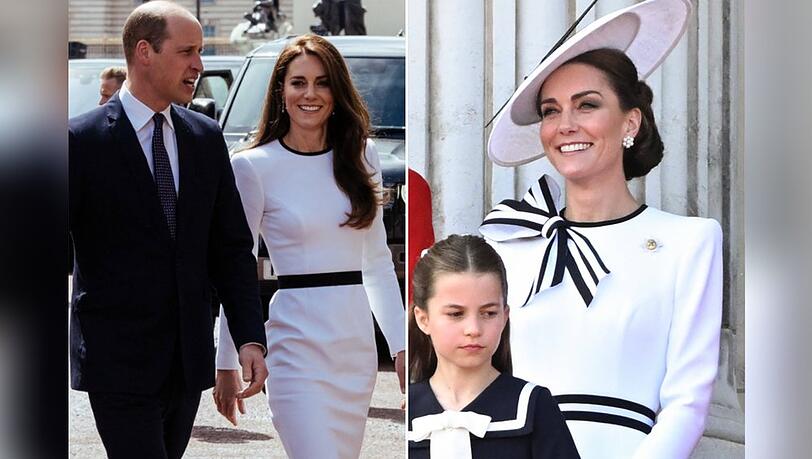 Prinzessin Kate trug das weiße Kleid bereits im Mai 2023 (l.), fügte nun aber einige Details hinzu.