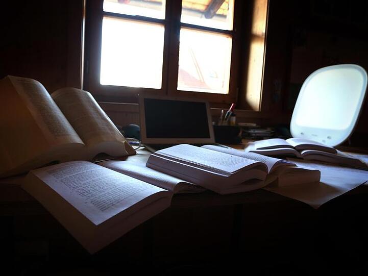 Lehrbücher und Unterlagen liegen auf dem Schreibtisch. Foto: Karl-Josef Hildenbrand/dpa/Archivbild