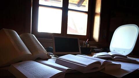 Lehrbücher und Unterlagen liegen auf dem Schreibtisch. Foto: Karl-Josef Hildenbrand/dpa/Archivbild