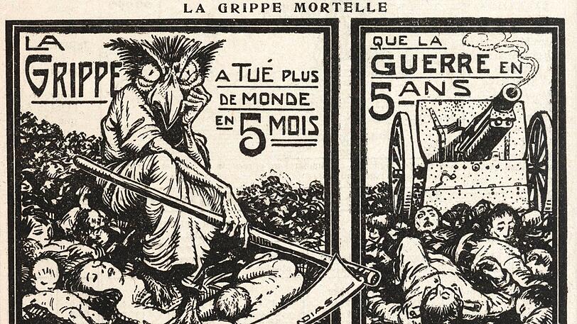 "Die Grippe hat in fünf Monaten mehr Menschen getötet als der Krieg in fünf Jahren", heißt es zu dieser französischen Illustration.