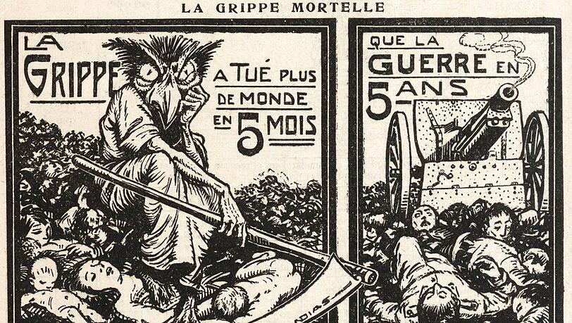 "Die Grippe hat in fünf Monaten mehr Menschen getötet als der Krieg in fünf Jahren", heißt es zu dieser französischen Illustration.