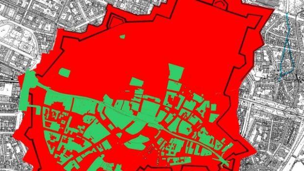 Bodendenkmal Altstadt: Auf den roten Flächen ist mit erhaltenen älteren Kulturschichten und Siedlungsspuren zu rechnen. Bodendenkmal Altstadt: Auf den roten Flächen ist mit erhaltenen älteren Kulturschichten und Siedlungsspuren zu rechnen.