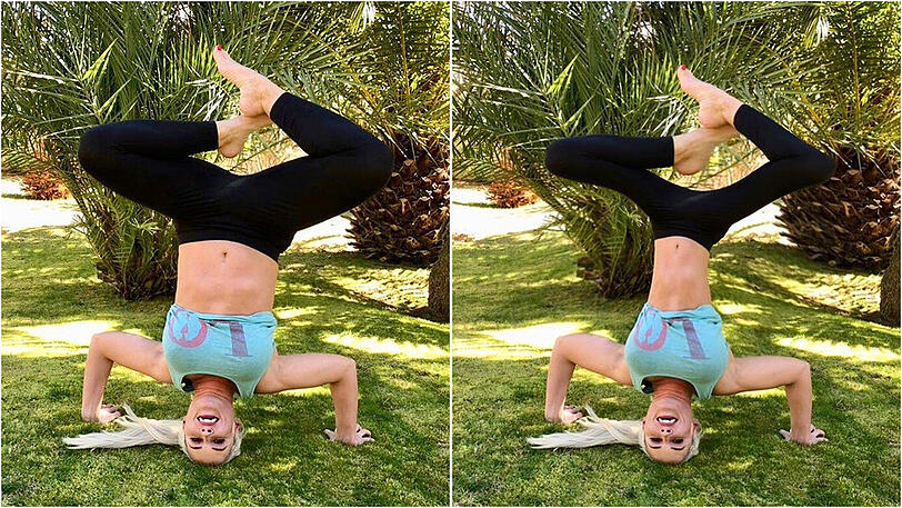 Die Wirklichkeit (links): Daniela Katzenberger beim Yoga. Die Witzigkeit (rechts): Die Katze hat sich für ihre Kritiker extrem dünn gemacht.