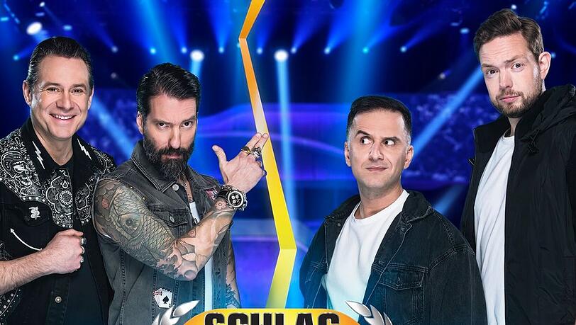 Die Duellanten Sascha Vollmer und Alec Völkel von The BossHoss mit den Comedians Özcan Cosar und Bastian Bielendorfer (v.l.n.r.).