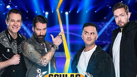 Die Duellanten Sascha Vollmer und Alec Völkel von The BossHoss mit den Comedians Özcan Cosar und Bastian Bielendorfer (v.l.n.r.).