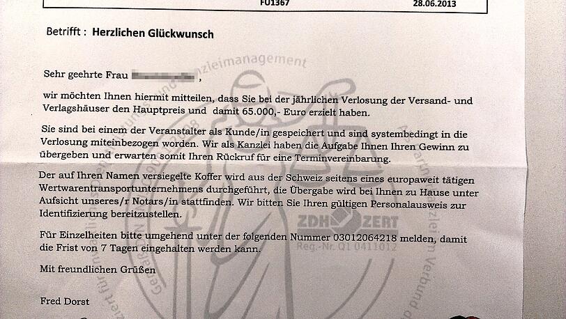 ...wird der AZ-Leserin mitgeteilt, dass sie 65.000 Euro gewonnen hat. Kurios ist...
