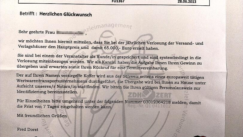 ...wird der AZ-Leserin mitgeteilt, dass sie 65.000 Euro gewonnen hat. Kurios ist... ...wird der AZ-Leserin mitgeteilt, dass sie 65.000 Euro gewonnen hat. Kurios ist...