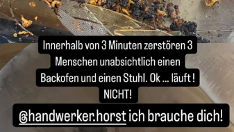 Stuhl und Backofen mussten leiden: Cathy Hummels zeigt das Ergebnis der Zerstörung. Stuhl und Backofen mussten leiden: Cathy Hummels zeigt das Ergebnis der Zerstörung.