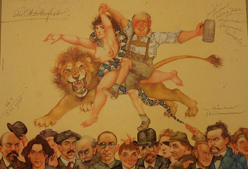 1985: München feiert "175 Jahre Oktoberfest" mit einer Ausstellung im Stadtmuseum, zu der der Grafiker (und &bdquo;Spiegel&ldquo;-Titelblattzeichner) Michael M. Prechtl dieses Plakat zeichnet. Es hagelt massiven Protest. Denn zu sehen ist ein Grüppchen von Leuten, die allesamt seit der Erfindung der Wiesn eine Verbindung zu München hatten: Lenin ist darunter und Adolf Hitler (von dem nur ein Auge, eine Haarlocke und der erhobene Arm zu sehen ist). Auf dem bayerischen Löwen hockt der Schriftsteller Oskar Maria Graf mit einer Nackerten samt weißblauer Schlange (eine Parodie auf Franz von Stucks Allegorie der "Sünde"). Die CSU empört auch der Satz über dem Maßkrug: "175 Jahre bayerischer National-Rausch" steht da. Sie hätte freilich "175 Jahre bayerisches Glücksgefühl" passender gefunden.