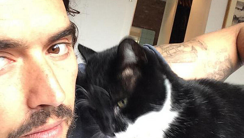 Russell Brand schmust mit seinem Kater Morrissey Russell Brand schmust mit seinem Kater Morrissey