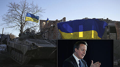 Ein ukrainischer Panzer steht an einem Checkpoint unweit von Debalzewo. Zur Ausbildung der Regierungstruppen möchte der britische Premierminister David Cameron Truppen aus Großbritannien ins ukrainische Krisengebiet schicken.