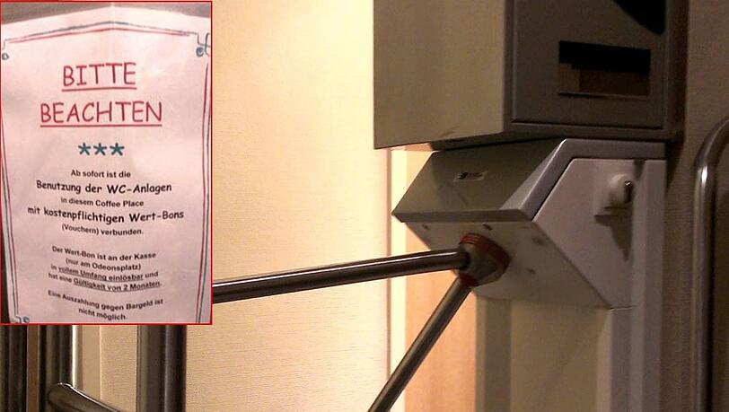 Das Klo ist hier kostenpflichtig: Ein Info-Schild bei der „San Francisco Coffee Company“ Das Klo ist hier kostenpflichtig: Ein Info-Schild bei der „San Francisco Coffee Company“