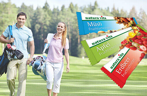 Passt perfekt in jedes Golfbag - die Fruchtschnitten von Natura Vita.