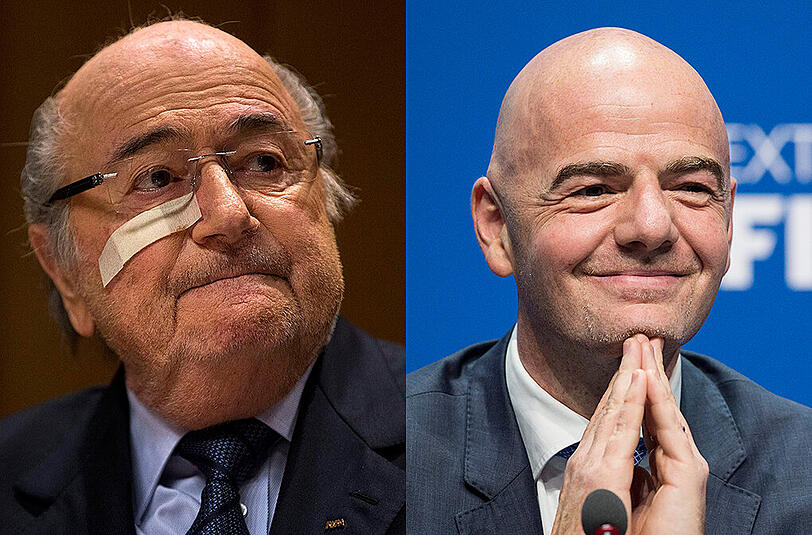 Joseph Blatter (l) bietet seinem Nachfolger Gianni Infantino Hilfe für das Amt als FIFA-Präsident an.
