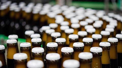 Bierflaschen mit Kronkorken laufen durch die Produktion. (Symbolbild)