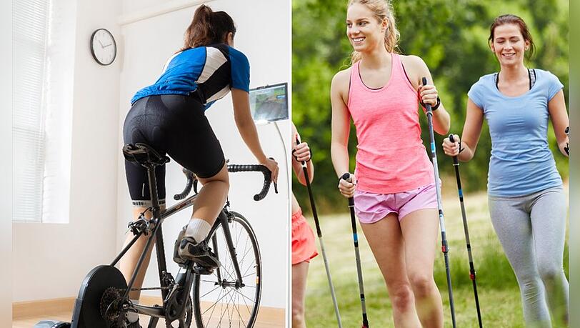 Indoor-Cycling (l.) und Nordic-Walking waren dieses Jahr zwei der begehrtesten Sportarten.
