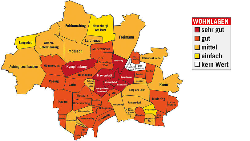 So teuer sind Eigentumswohnungen in München: Die Karte zeigt nach einem Farbsystem, wie gut die Wohnlage in den Vierteln bewertet wird. In der Tabelle unten lassen sich dann durchschnittliche Quadratmeter-Kaufpreise ablesen.