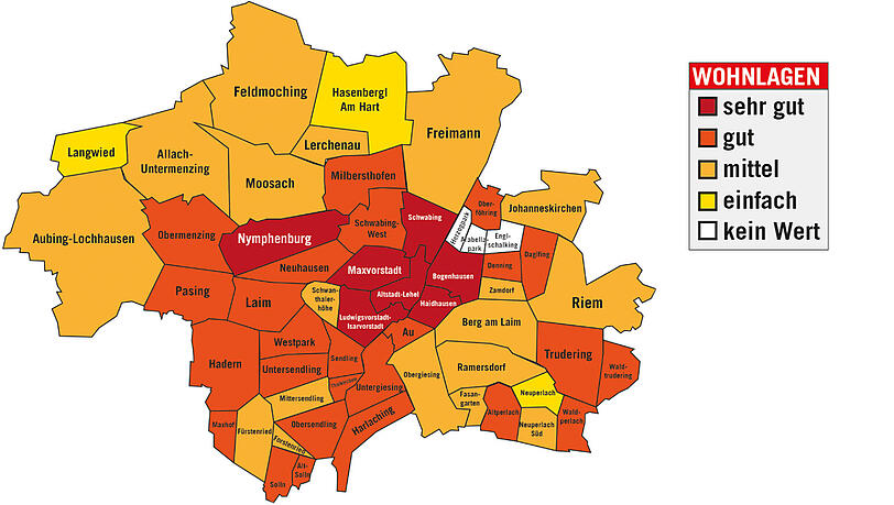 So teuer sind Eigentumswohnungen in München: Die Karte zeigt nach einem Farbsystem, wie gut die Wohnlage in den Vierteln bewertet wird. In der Tabelle unten lassen sich dann durchschnittliche Quadratmeter-Kaufpreise ablesen. So teuer sind Eigentumswohnungen in München: Die Karte zeigt nach einem Farbsystem, wie gut die Wohnlage in den Vierteln bewertet wird. In der Tabelle unten lassen sich dann durchschnittliche Quadratmeter-Kaufpreise ablesen.