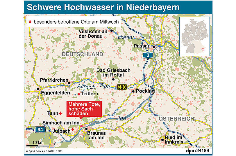 Die Karte zeigt die betroffenen Hochwasserregionen in Niederbayern.