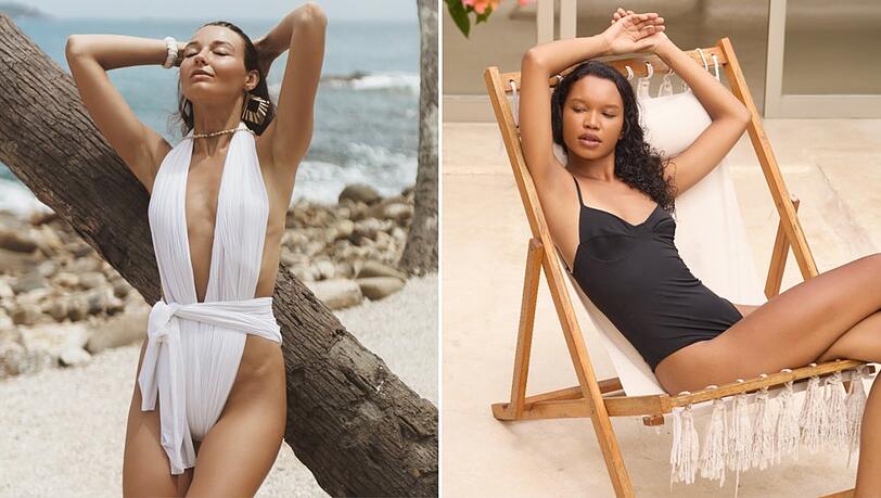 Badeanzüge mit tiefem Dekolleté sowie Bademode in geerdeten Farbtönen sind 2025 angesagte Swimwear-Trends.