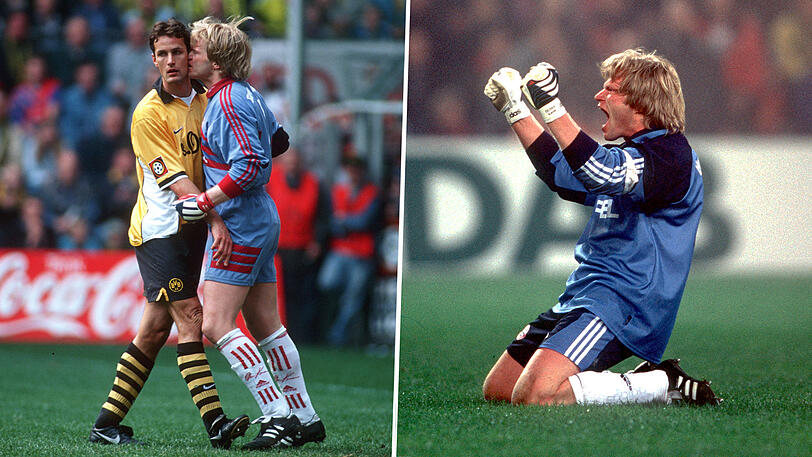 Legendär: Oliver Kahn "knabbert" an Dortmunds Heiko Herrlich. Auch sonst gab es einige spektakuläre Duelle zwischen dem Torwart-Titan und dem BVB.