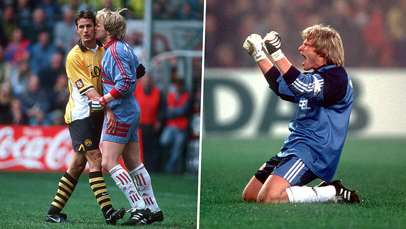 Legendär: Oliver Kahn "knabbert" an Dortmunds Heiko Herrlich. Auch sonst gab es einige spektakuläre Duelle zwischen dem Torwart-Titan und dem BVB.