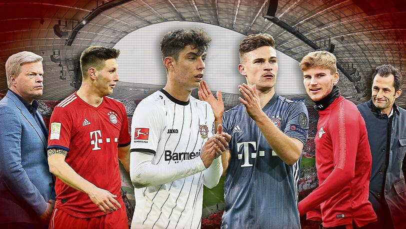 Kandidaten für die Bayern-Zukunft (v.l.): Oliver Kahn, Niklas Süle, Kai Havertz, Joshua Kimmich, Timo Werner und Hasan Salihamidzic.